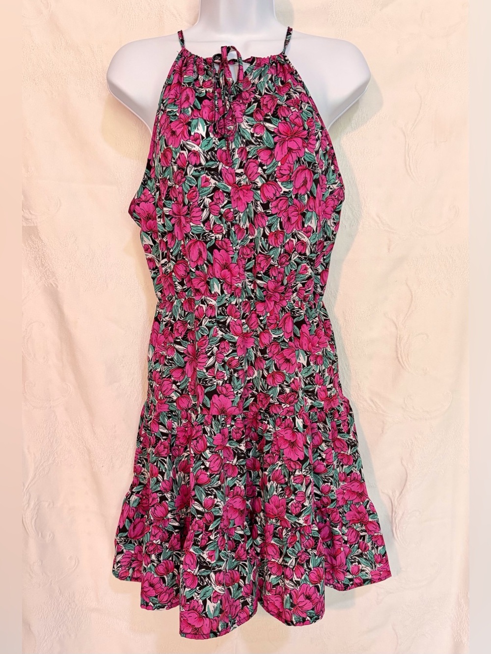 Source Unknown Pink Floral Halter Midi Sundress D0037